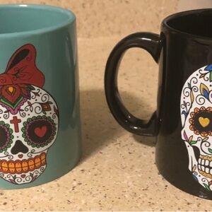 Vibrant Sugar Skull Mugs - Teal and Black